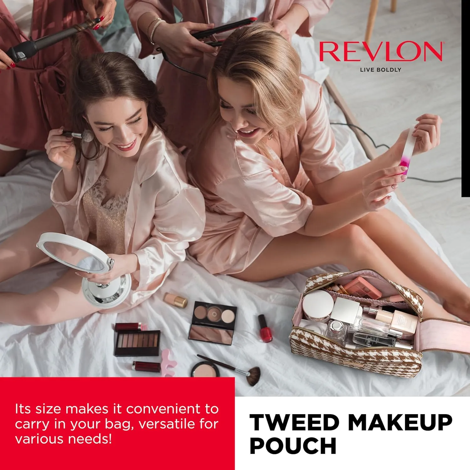 REVLON Tweed Makeup Bag - Small Makeup Pouch, Dual Zipper with Chain Makeup Case, Travel Makeup Organizer, Cosmetic Bag, Mini Makeup Case with Pockets, Toiletry Bag with Vinyl Base, Brown