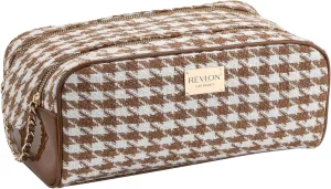 REVLON Tweed Makeup Bag - Small Makeup Pouch, Dual Zipper with Chain Makeup Case, Travel Makeup Organizer, Cosmetic Bag, Mini Makeup Case with Pockets, Toiletry Bag with Vinyl Base, Brown