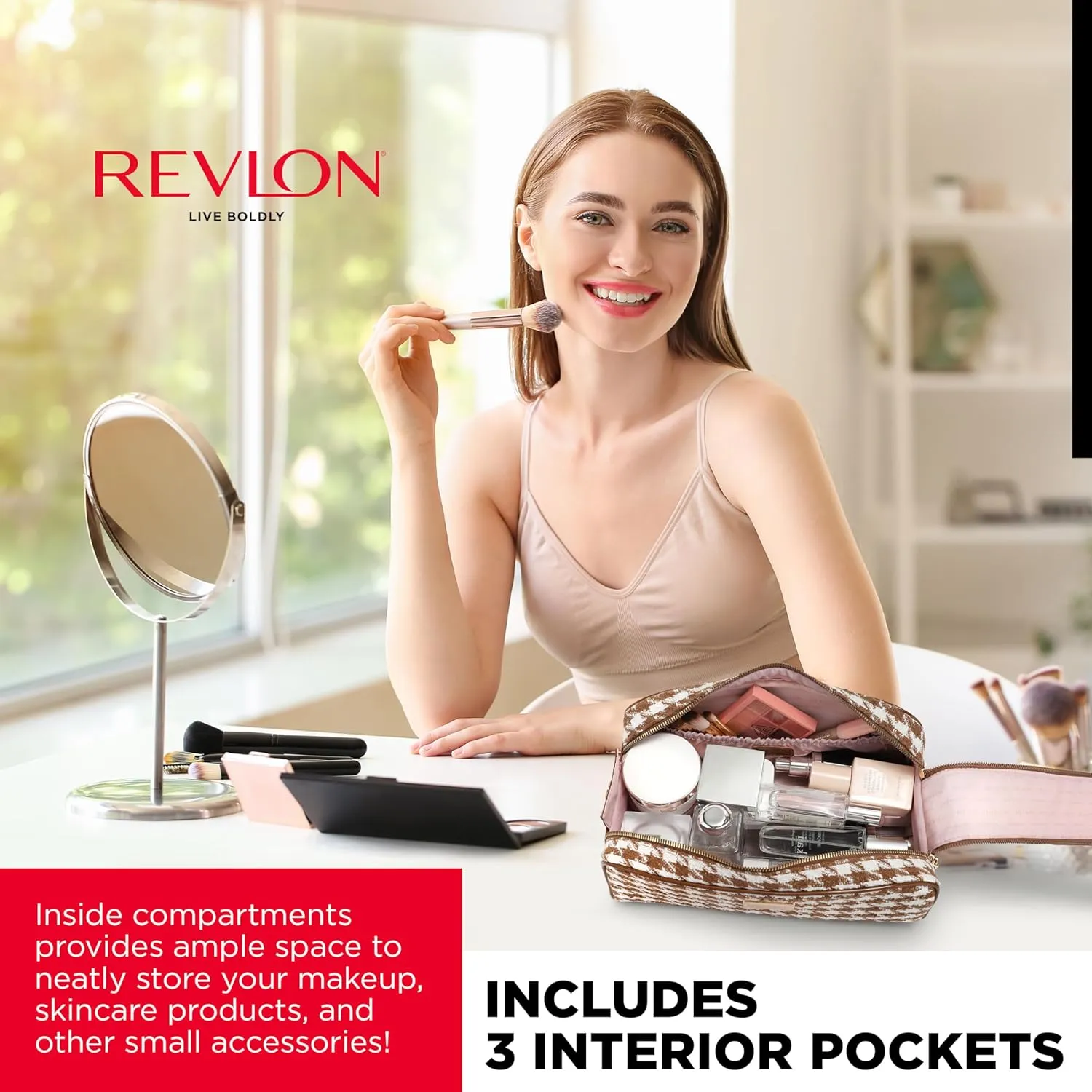 REVLON Tweed Makeup Bag - Small Makeup Pouch, Dual Zipper with Chain Makeup Case, Travel Makeup Organizer, Cosmetic Bag, Mini Makeup Case with Pockets, Toiletry Bag with Vinyl Base, Brown