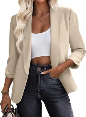 Riyiper Women's 3/4 Sleeve Blazer Open Front Blazer Jackets Casual Outfits Work Office Suit with Pockets