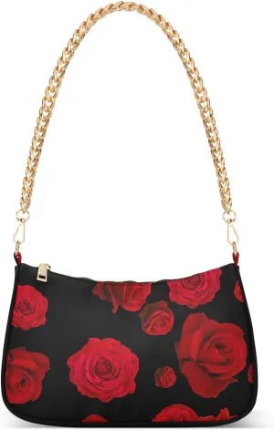 Rose Red Love Flower Shoulder Handbags for Women Travel Hobo Tote Handbag Women Gold Chain Shoulder Bags Purse with Zipper Closure