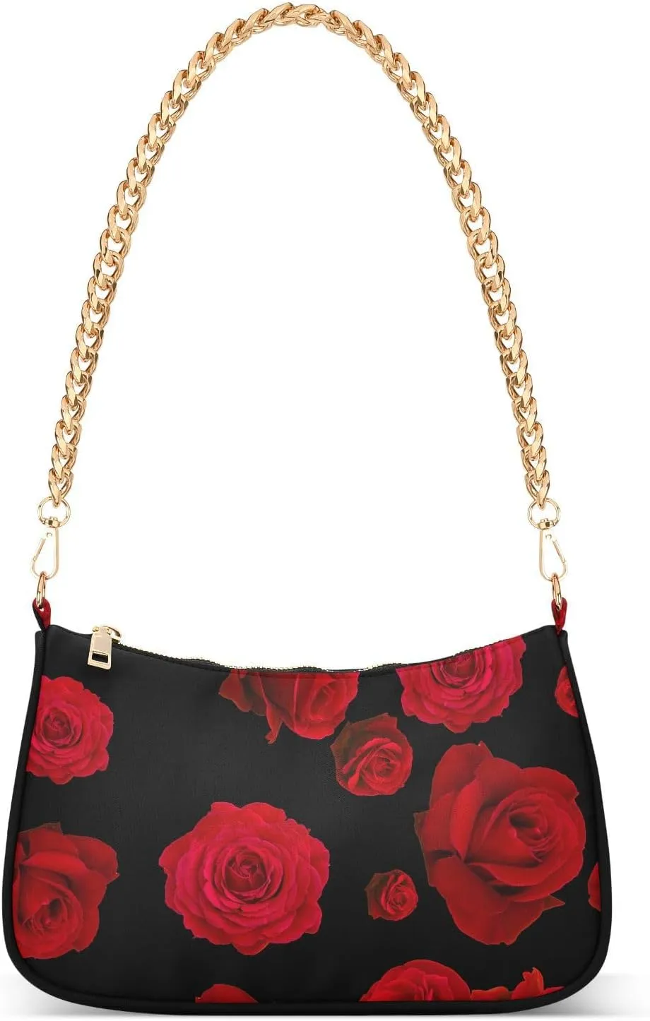 Rose Red Love Flower Shoulder Handbags for Women Travel Hobo Tote Handbag Women Gold Chain Shoulder Bags Purse with Zipper Closure