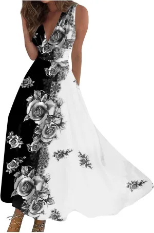 RTRDE Women's Summer Casual Dresses 2025 Print Sleeveless Deep V-Neck Wrap Floral Maxi Dress Wedding, S-3XL