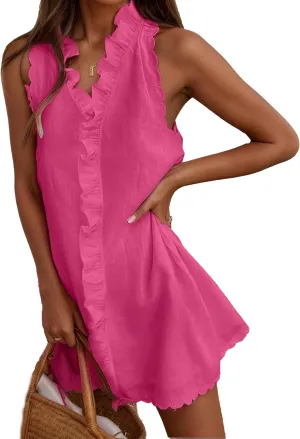 Ruffle Linen Mini Dress Women Summer Sleeveless V Neck Beach Sundress Casual Vacation Loose Short Shift Tank Dress