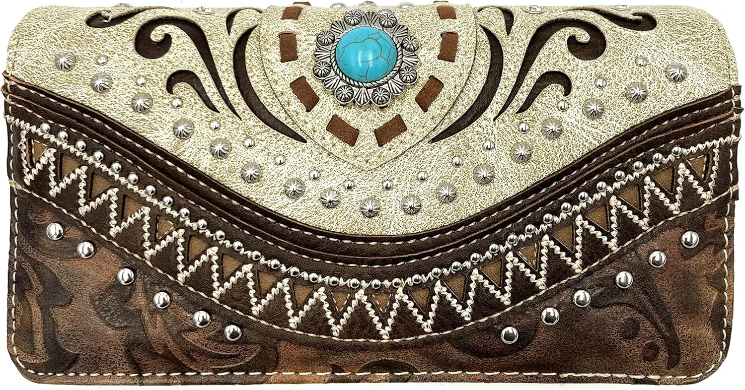 Rustic Western Floral Tooled Laser Cut Turquoise Concho Studded Trifold Crossbody Clutch Wallet