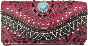 Rustic Western Floral Tooled Laser Cut Turquoise Concho Studded Trifold Crossbody Clutch Wallet