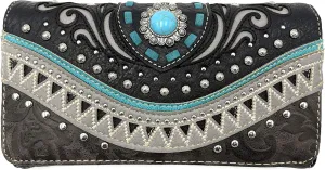 Rustic Western Floral Tooled Laser Cut Turquoise Concho Studded Trifold Crossbody Clutch Wallet