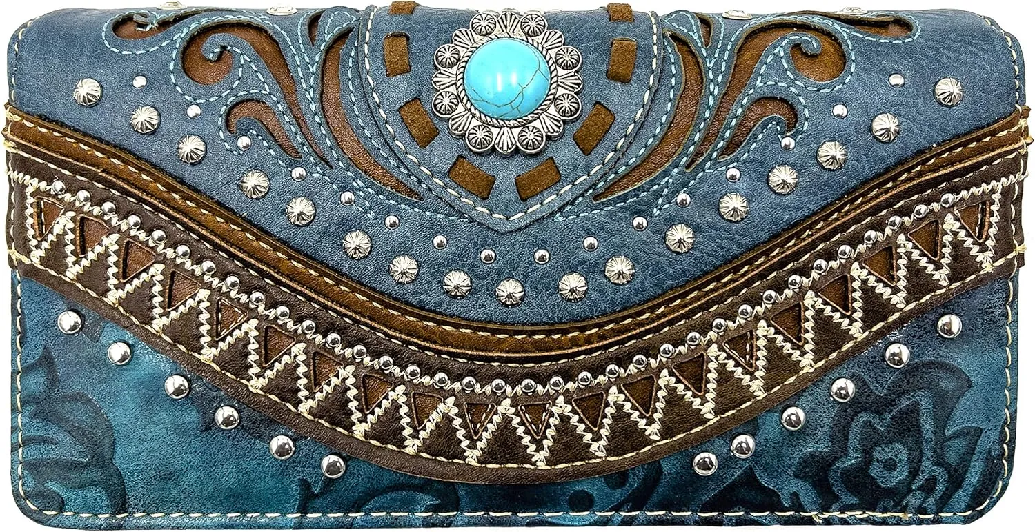 Rustic Western Floral Tooled Laser Cut Turquoise Concho Studded Trifold Crossbody Clutch Wallet