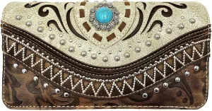 Rustic Western Floral Tooled Laser Cut Turquoise Concho Studded Trifold Crossbody Clutch Wallet