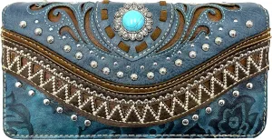 Rustic Western Floral Tooled Laser Cut Turquoise Concho Studded Trifold Crossbody Clutch Wallet