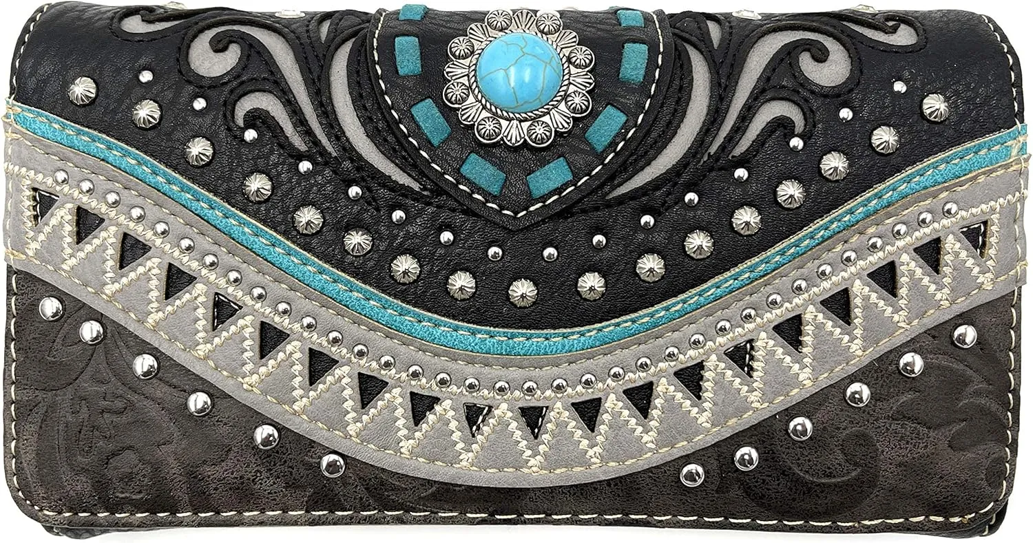 Rustic Western Floral Tooled Laser Cut Turquoise Concho Studded Trifold Crossbody Clutch Wallet