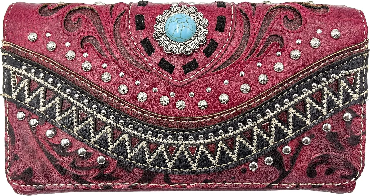 Rustic Western Floral Tooled Laser Cut Turquoise Concho Studded Trifold Crossbody Clutch Wallet