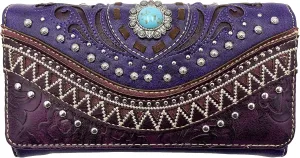 Rustic Western Floral Tooled Laser Cut Turquoise Concho Studded Trifold Crossbody Clutch Wallet