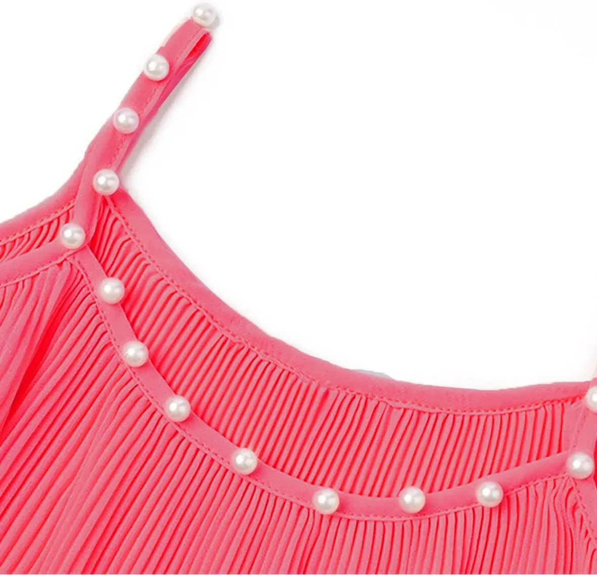 Samefar Womens V Neck Pearl Trim Tank Tops Double-Layer Ruffle Hem Adjustable Spaghetti Strap Camisole