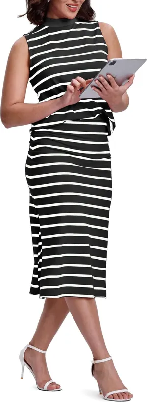 SeSe Code Womens 2 Piece Outfits Striped Matching Skirt Set Sleeveless Tank Tops and Side Slit Midi Skirts