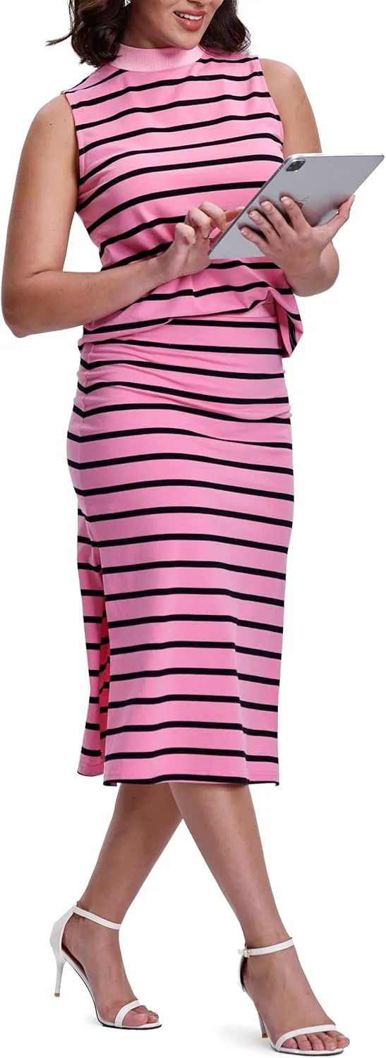 SeSe Code Womens 2 Piece Outfits Striped Matching Skirt Set Sleeveless Tank Tops and Side Slit Midi Skirts