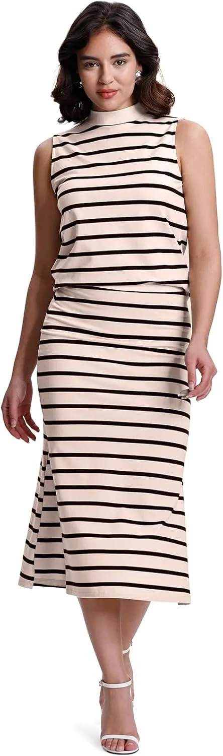 SeSe Code Womens 2 Piece Outfits Striped Matching Skirt Set Sleeveless Tank Tops and Side Slit Midi Skirts