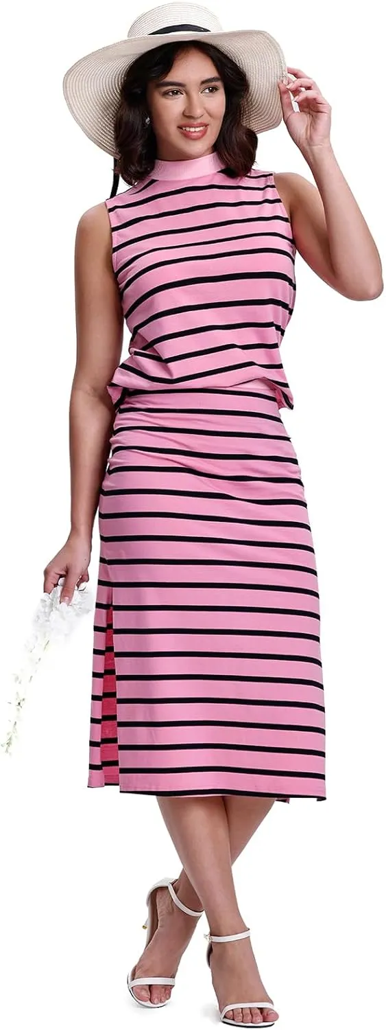 SeSe Code Womens 2 Piece Outfits Striped Matching Skirt Set Sleeveless Tank Tops and Side Slit Midi Skirts