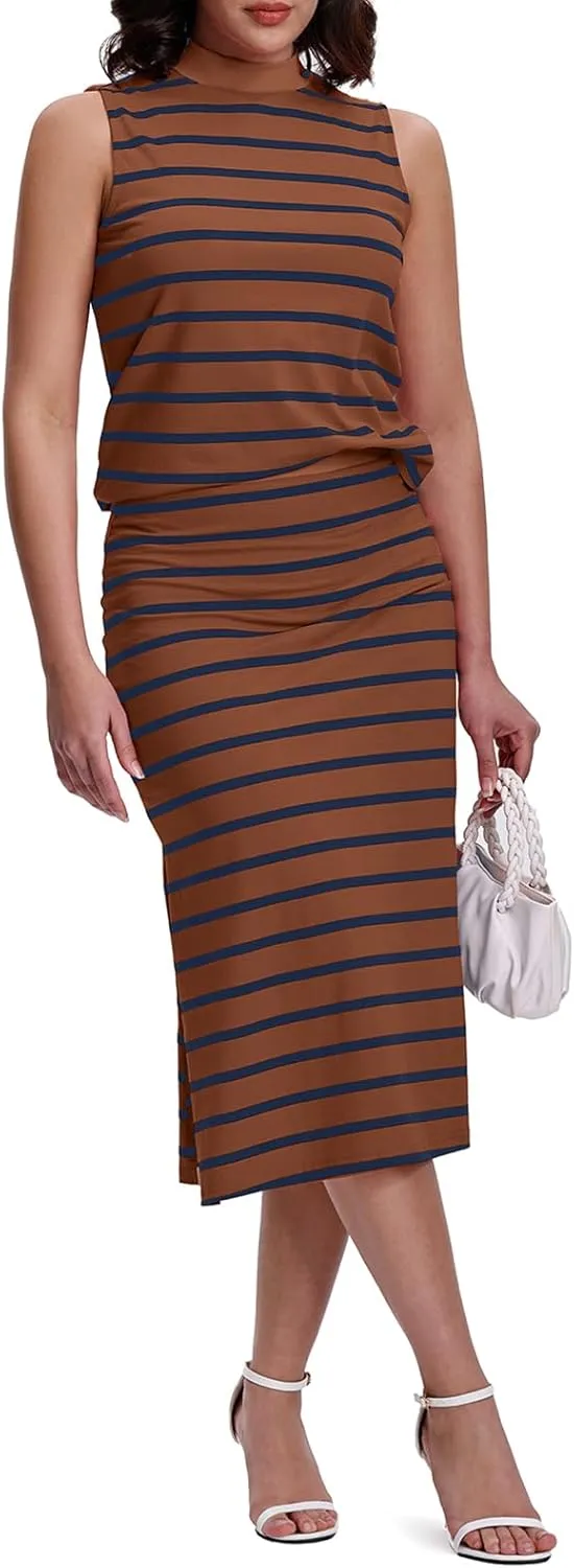 SeSe Code Womens 2 Piece Outfits Striped Matching Skirt Set Sleeveless Tank Tops and Side Slit Midi Skirts