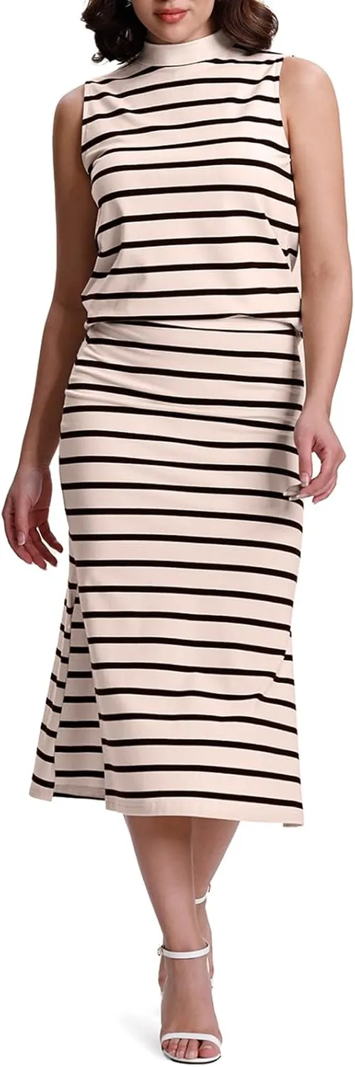 SeSe Code Womens 2 Piece Outfits Striped Matching Skirt Set Sleeveless Tank Tops and Side Slit Midi Skirts