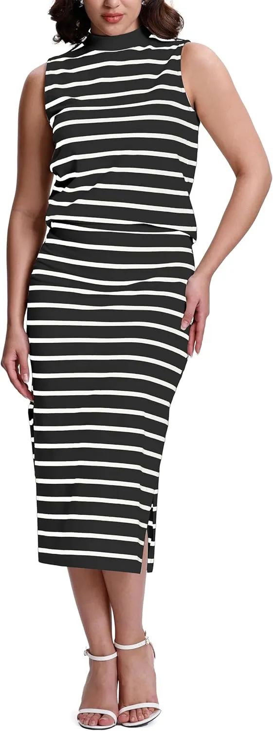 SeSe Code Womens 2 Piece Outfits Striped Matching Skirt Set Sleeveless Tank Tops and Side Slit Midi Skirts