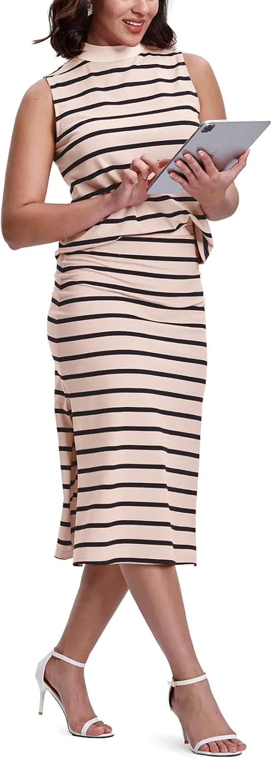 SeSe Code Womens 2 Piece Outfits Striped Matching Skirt Set Sleeveless Tank Tops and Side Slit Midi Skirts