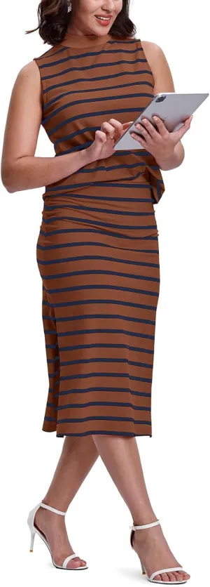 SeSe Code Womens 2 Piece Outfits Striped Matching Skirt Set Sleeveless Tank Tops and Side Slit Midi Skirts