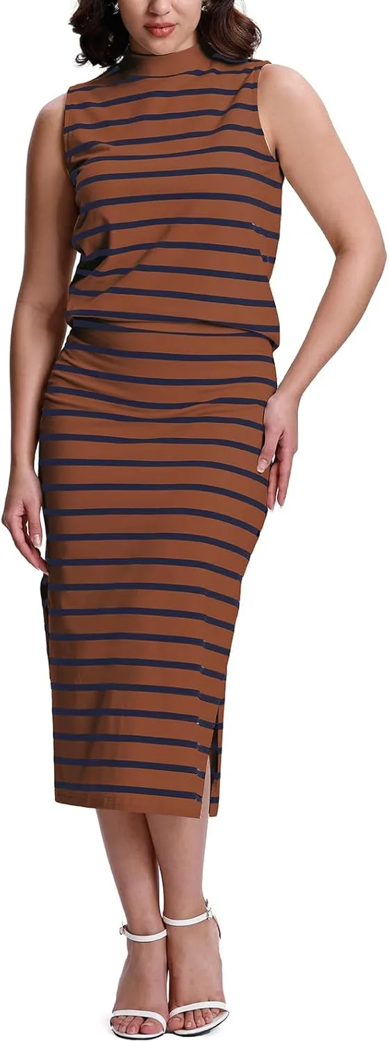 SeSe Code Womens 2 Piece Outfits Striped Matching Skirt Set Sleeveless Tank Tops and Side Slit Midi Skirts