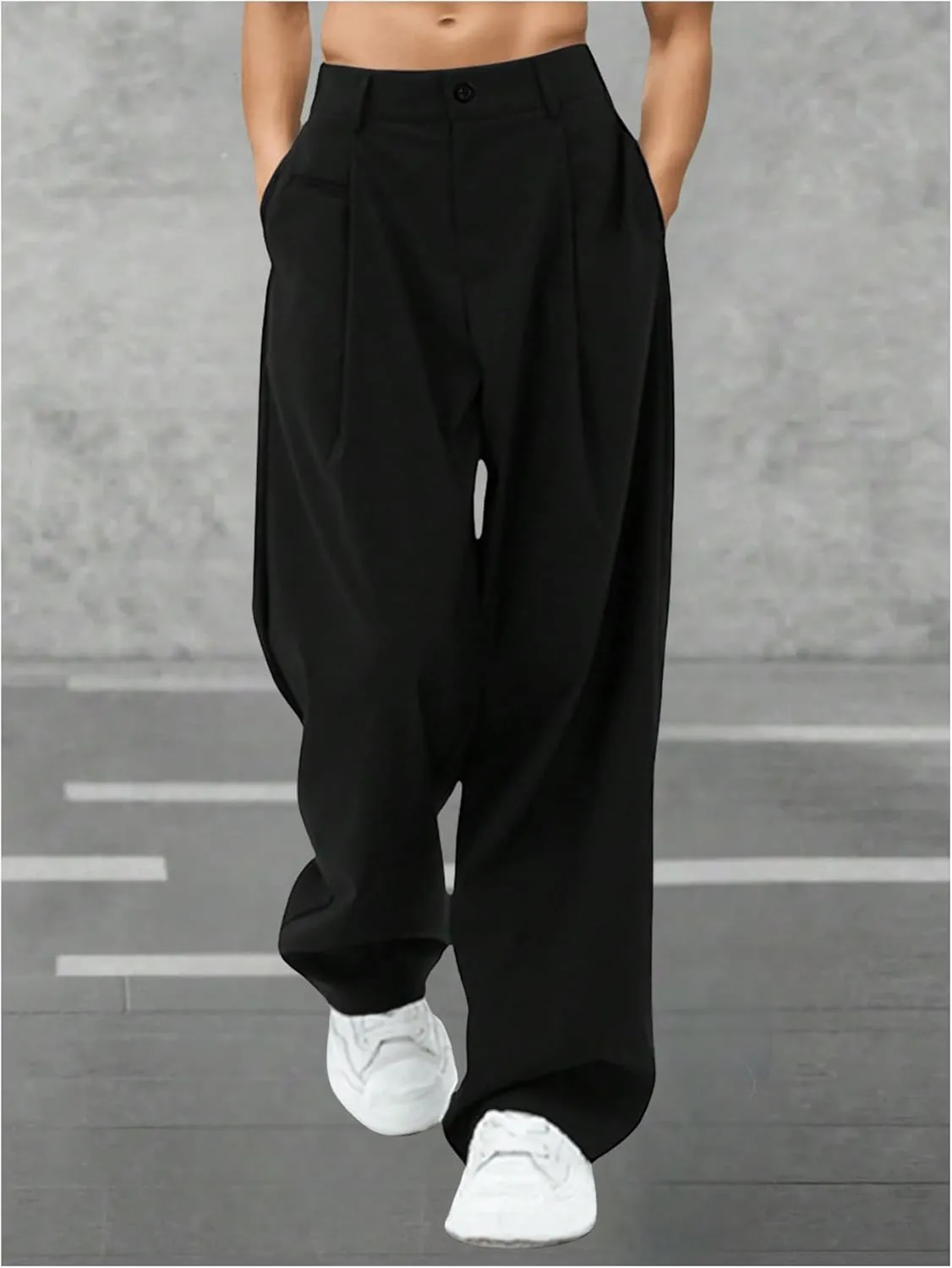 SHENHE Men's Pleated Low Waist Suit Pants Office Work Wide Leg Loose Long Pants with Pocket