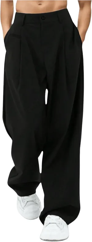 SHENHE Men's Pleated Low Waist Suit Pants Office Work Wide Leg Loose Long Pants with Pocket