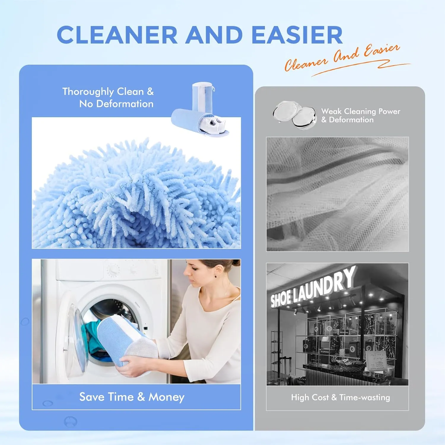 Shoe Washing Machine Bag 2Pcs - Reusable Laundry Bags for Washer & Dryer, 360 Deep Clean & Large Size Plush Fibers for Sneakers, Tennis Shoes, Kids Footwear, Durable Invisible Zipper (Blue)