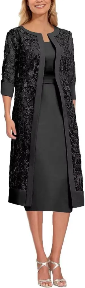 Short Sleeve Mother of The Bride Dresses with Jackets Laces Chiffon 2 Piece Formal Party Gowns Tea Length