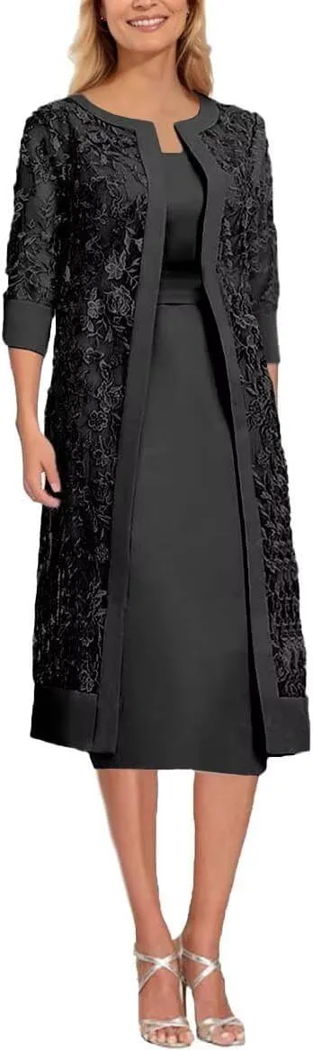 Short Sleeve Mother of The Bride Dresses with Jackets Laces Chiffon 2 Piece Formal Party Gowns Tea Length