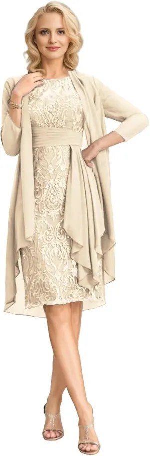 SIPUHK 2 Pieces Mother of The Bride Dresses with Jacket Lace Applique 3/4 Sleeve Bodycon Formal Dress for Women Wedding Guest