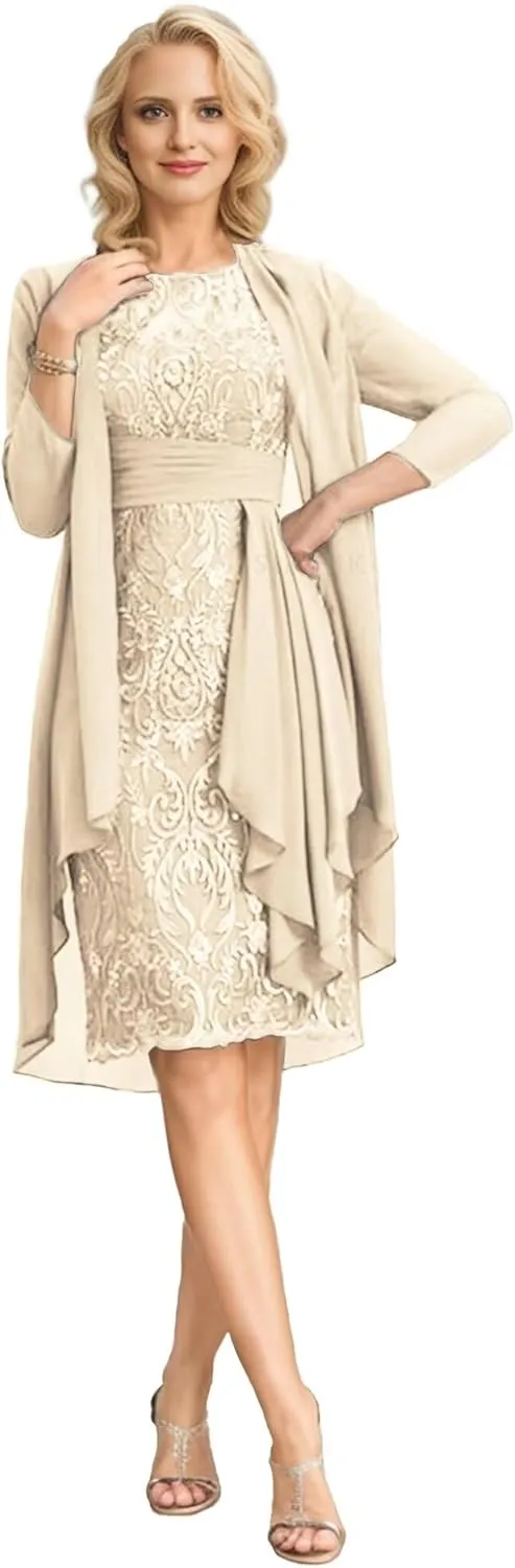 SIPUHK 2 Pieces Mother of The Bride Dresses with Jacket Lace Applique 3/4 Sleeve Bodycon Formal Dress for Women Wedding Guest