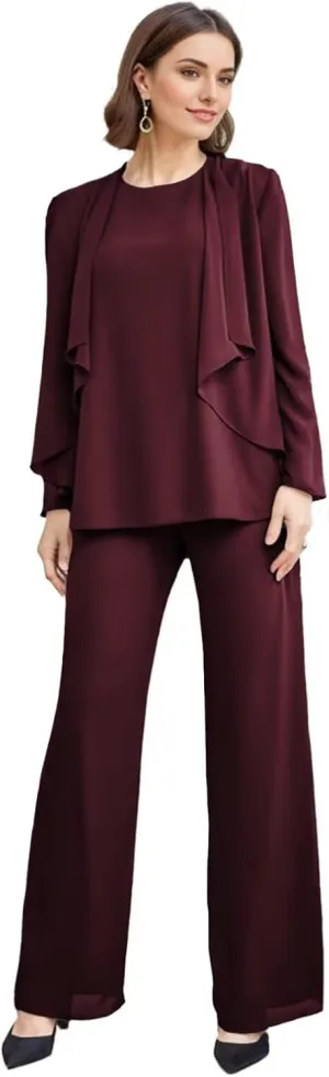 SIPUHK 3 Piece Mother of The Bride Pantsuits with Jackets Chiffon Long Sleeve Classy Formal Pant Suits for Women Dressy