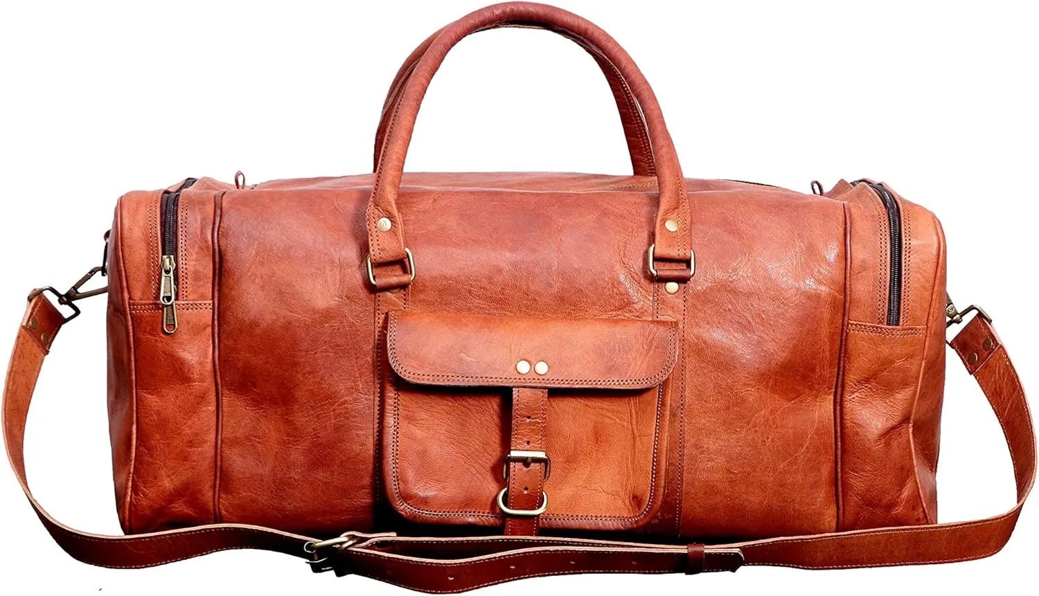 SKADO 24 Inch Leather Duffel Bags For Men & Women Holdall Leather Duffle Travel Overnight Bag Gym Sports Brown Weekender Bag, Roll On Laptop Backpack Rucksack Knapsack Office College Bag