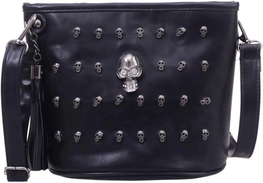 Skull and Rivet PU Leather Tassels Handbag Retro Casual Bucket Shoulder Bag with Shoulder Straps for Women Black, PU Leather Handbag