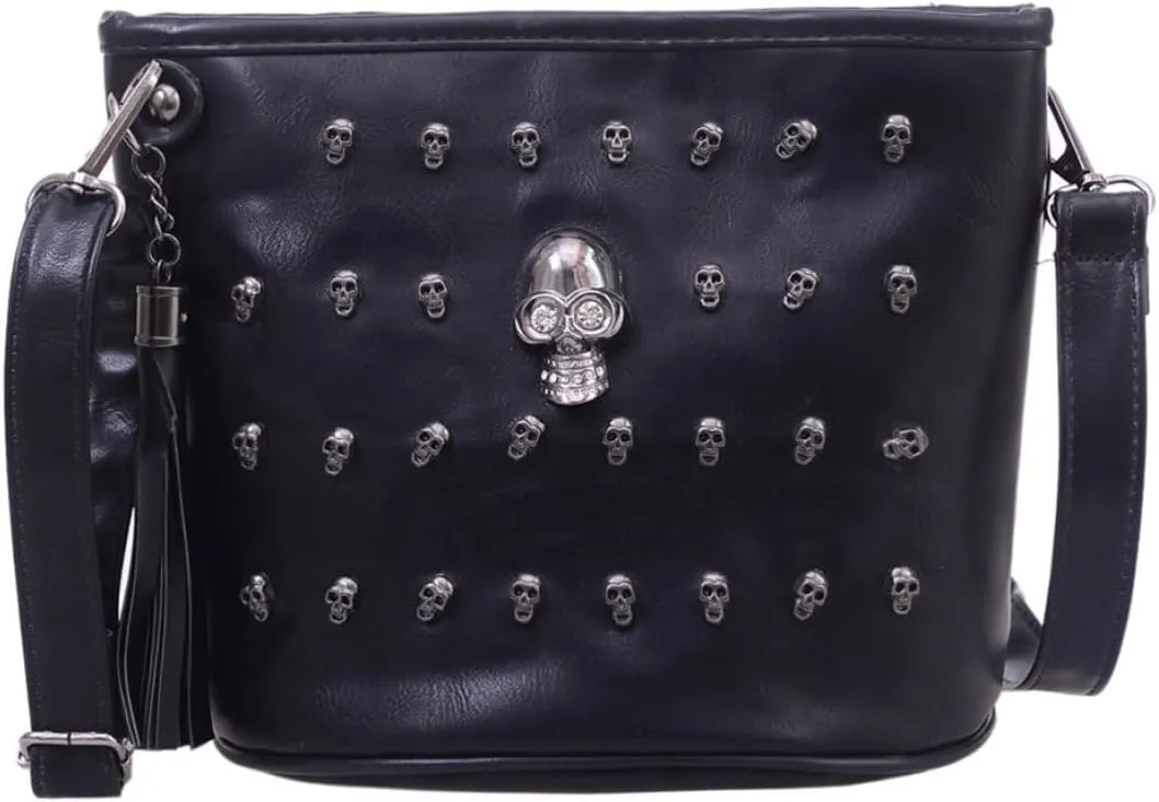Skull and Rivet PU Leather Tassels Handbag Retro Casual Bucket Shoulder Bag with Shoulder Straps for Women Black, Retro Shoulder Bag