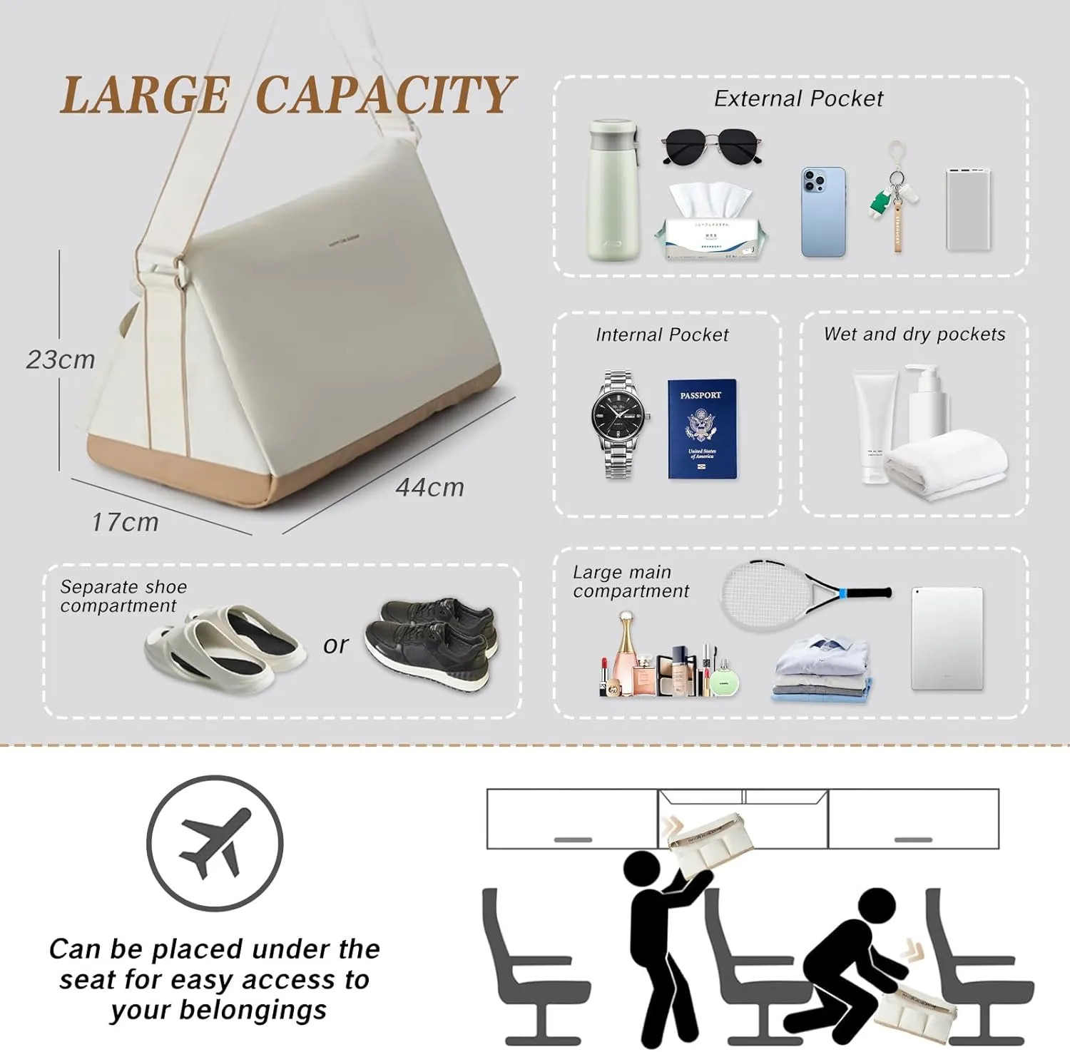 Small Gym Bag with Shoe Compartment for Men & Women, Weekend Travel Overnight Bags, Personal Item Duffle Carry On Bag with Wet Pocket (Beige)