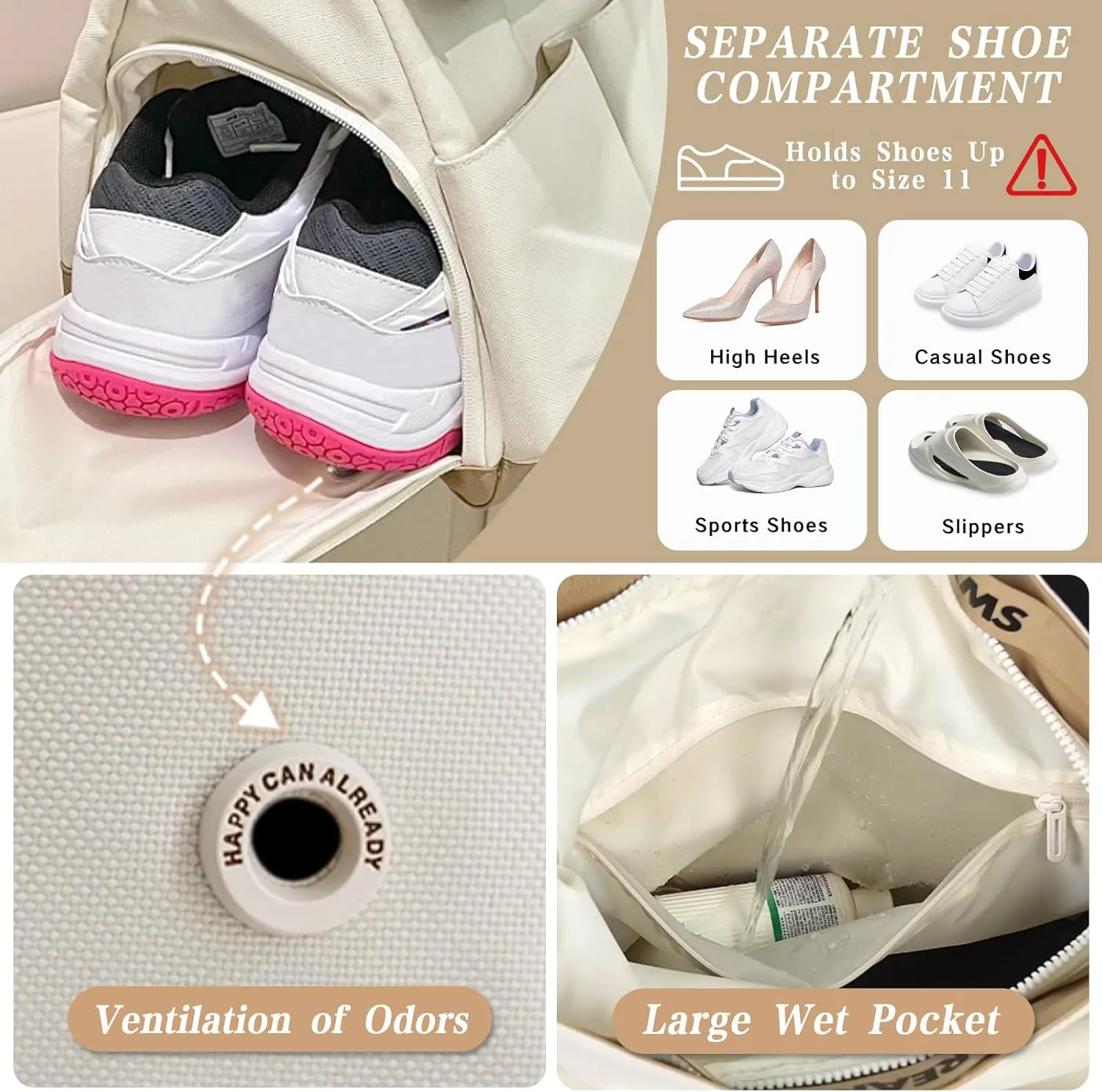 Small Gym Bag with Shoe Compartment for Men & Women, Weekend Travel Overnight Bags, Personal Item Duffle Carry On Bag with Wet Pocket (Beige)