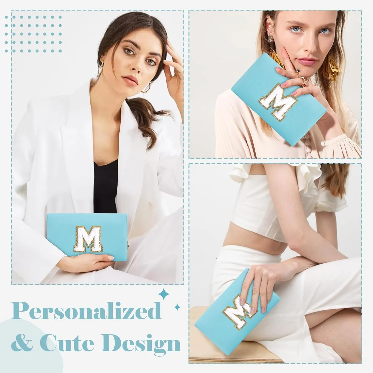 Small Personalized Initial A-Z Preppy Patch Makeup Bag,PU Chenille Letter Travel Cosmetic Pouch with Zipper,Blue Cute Toiletry Bag,Gift Ideal for Teen Girls Women Teacher Bridesmaid,Letter M