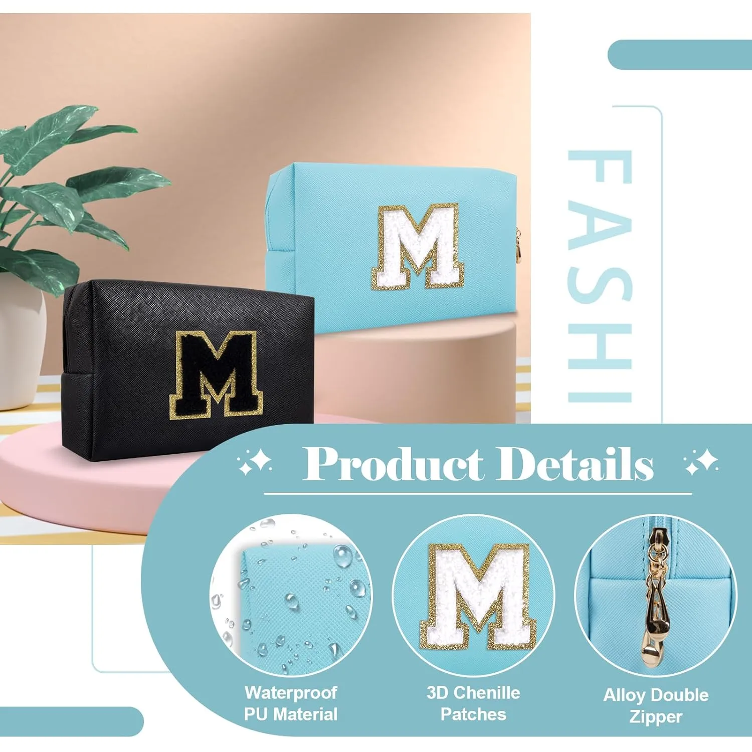 Small Personalized Initial A-Z Preppy Patch Makeup Bag,PU Chenille Letter Travel Cosmetic Pouch with Zipper,Blue Cute Toiletry Bag,Gift Ideal for Teen Girls Women Teacher Bridesmaid,Letter M
