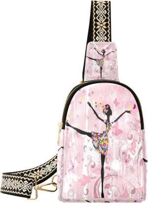 Small Sling Bag Waist Packs Leather Crossbody Packs Chest Bag Ballerina Girl with Butterfly and Flowers for Women Travel Belt Purse