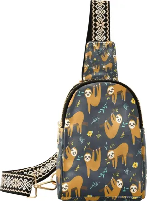 Small Sling Bag Waist Packs Leather Crossbody Packs Chest Bag Brown Sloth for Women Travel Belt Purse