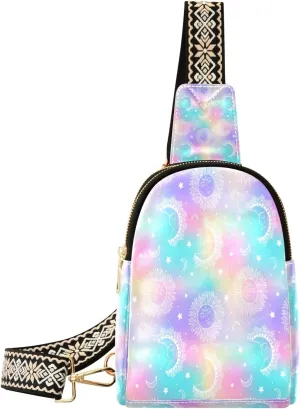 Small Sling Bag Waist Packs Leather Crossbody Packs Chest Bag Cartoon Moon and Sun for Women Travel Belt Purse