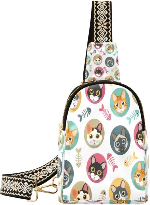 Small Sling Bag Waist Packs Leather Crossbody Packs Chest Bag Cat Head Fish Bone for Women Travel Belt Purse
