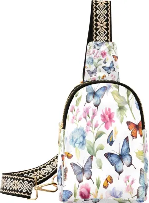 Small Sling Bag Waist Packs Leather Crossbody Packs Chest Bag Colorful Butterfly Pink Flower for Women Travel Belt Purse