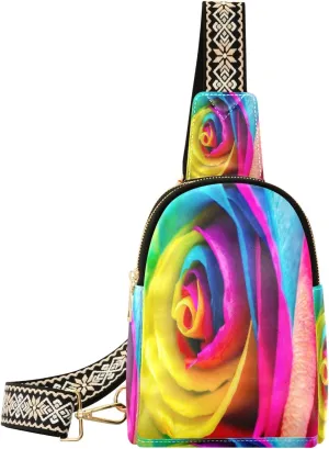 Small Sling Bag Waist Packs Leather Crossbody Packs Chest Bag Colorful Rose for Women Travel Belt Purse