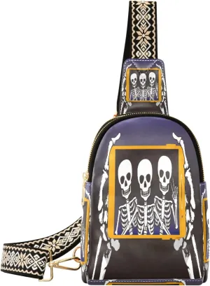 Small Sling Bag Waist Packs Leather Crossbody Packs Chest Bag Funny Skull Skeleton Black Photo for Women Travel Belt Purse
